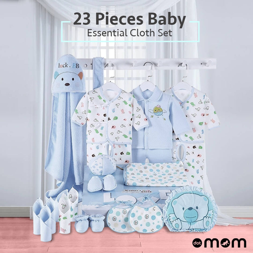 dotmom newborn baby essential cloth kit 23 pieces gift pack for baby shower - blue